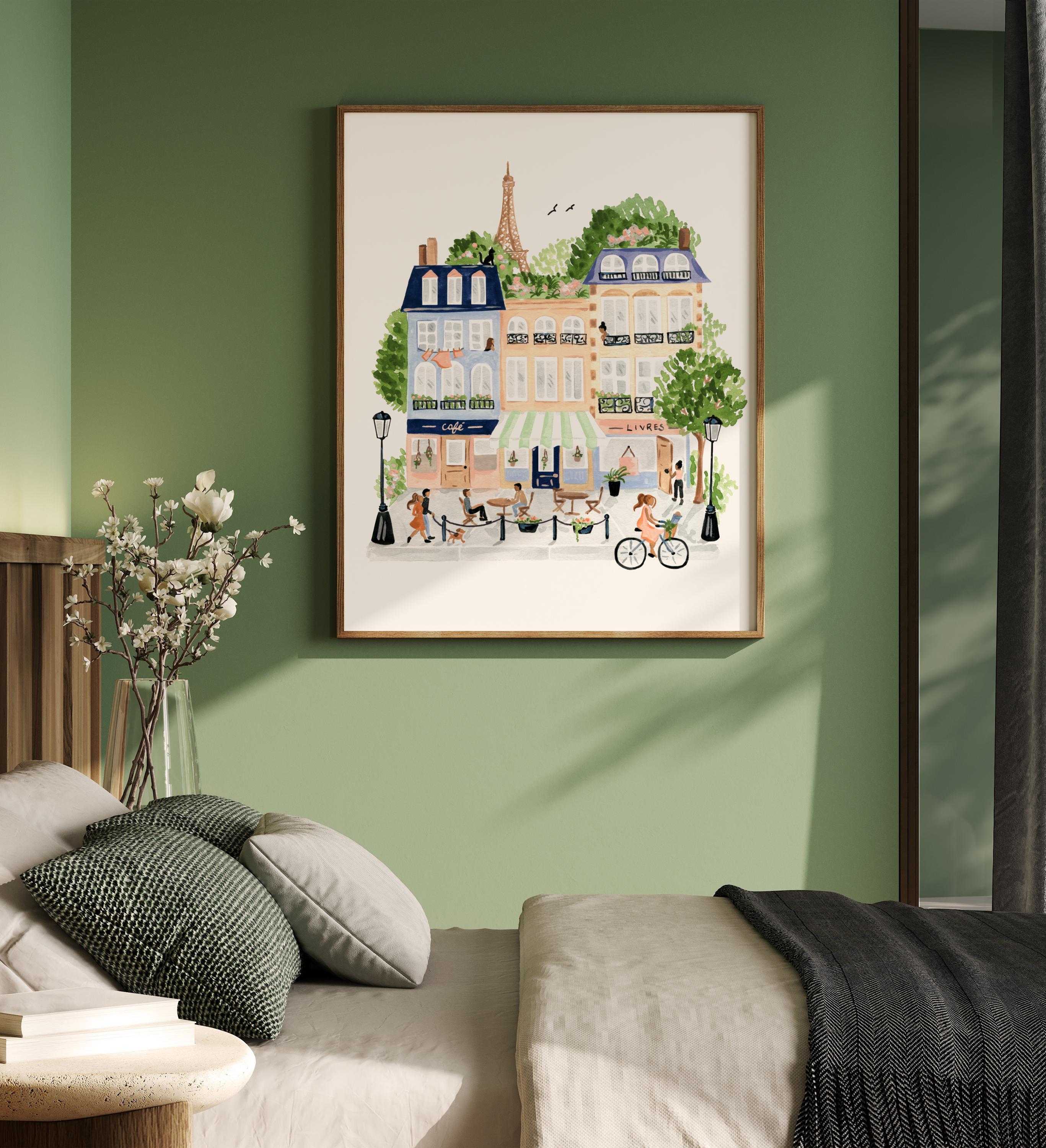 パリのアートプリント、パリの風景イラスト、人物と自転車、建物