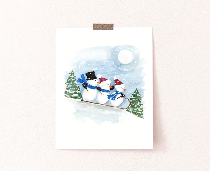 Sledding Snowmen Art Print Sabina Fenn Illustration Holiday Christmas Watercolor Gouache Painting Wall Decor image 1