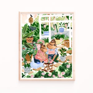 Moeder en dochter Art Print, tuinierprints, kunst aan de muur tuin, Moederdagcadeaus, cadeaus voor moeder, aquarel kunst illustratie, kas