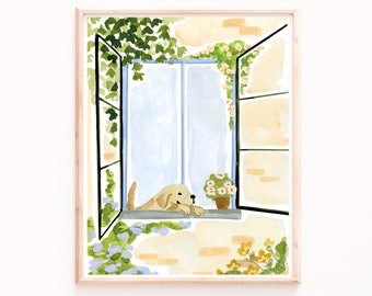 Dog in the window art print, Golden Retriever painting, Yellow Lab Prints, Dog lover gifts