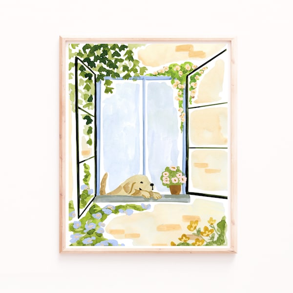 Dog in the window art print, Golden Retriever painting, Yellow Lab Prints, Dog lover gifts