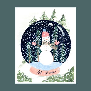 Impresión artística de muñeco de nieve Let It Snow / Decoración de pared de invierno / Impresión de acuarela con temática navideña / Obra de arte festiva con globo de nieve para el hogar
