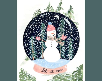 Snowman Snow Globe Print: Whimsical Winter Watercolor
