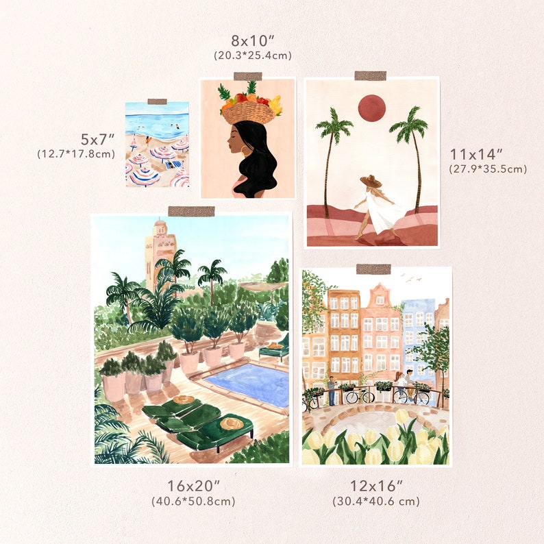 K&ouml;nnte beinhalten: Ein Set mit 8 Aquarell-Illustrationen, die verschiedene Szenen zeigen, darunter eine Frau mit einem Korb voller Fr&uuml;chte auf dem Kopf, eine Strandszene mit Sonnenschirmen, ein Pool mit Palmen, eine Stadtstra&szlig;e mit Geb&auml;uden und eine Frau, die am Strand spaziert. Die Illustrationen sind auf wei&szlig;em Papier gedruckt und in verschiedenen Gr&ouml;&szlig;en erh&auml;ltlich, von 12,7x17,8 cm bis 40,6x50,8 cm.