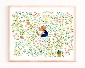 Spring Garden Print: Woman Gardening in Flowers, Botanical Wall Art