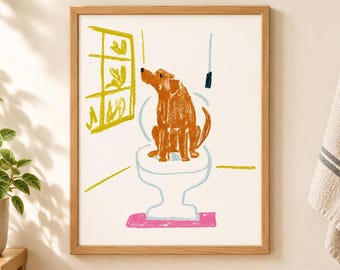 Whimsical Dog on Toilet Art Print, Funny Bathroom Wall Decor, Dog Lover Housewarming Gift
