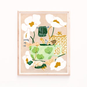 Tea Bath Art Print: Woman, Dog, Floral Bathroom Decor