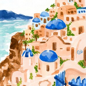 Puede incluir: Pintura acuarela de un pueblo griego blanco y azul con edificios de c&uacute;pula azul en un acantilado con vistas a un oc&eacute;ano azul.