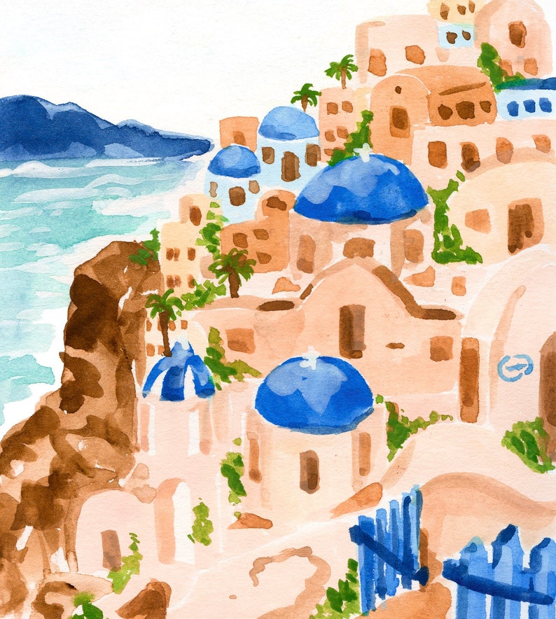 Puede incluir: Pintura acuarela de un pueblo griego blanco y azul con edificios de c&uacute;pula azul en un acantilado con vistas a un oc&eacute;ano azul.
