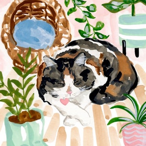 Impression chat endormi, portrait calicot, chat et plantes, cadeaux pour amoureux des chats, cadeaux fête des mères, cadeau pour elle, chats aquarelles image 4