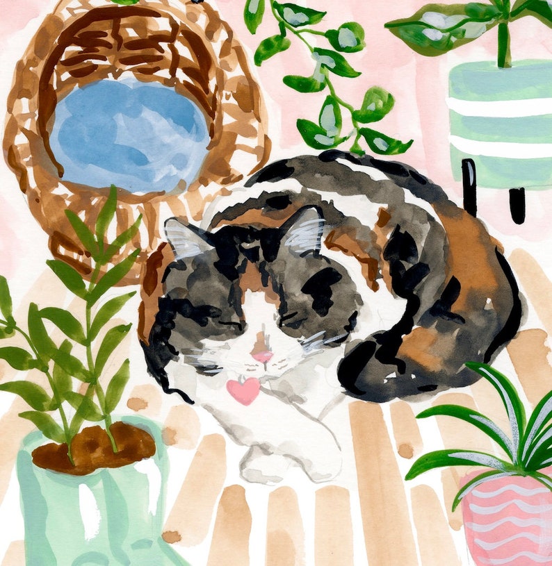 Impression chat endormi, portrait calicot, chat et plantes, cadeaux pour amoureux des chats, cadeaux fête des mères, cadeau pour elle, chats aquarelles image 4