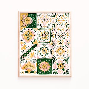 Talavera Tiles Art Print, Mexican Tile Painting, Boho Wall Decor, Sabina Fenn