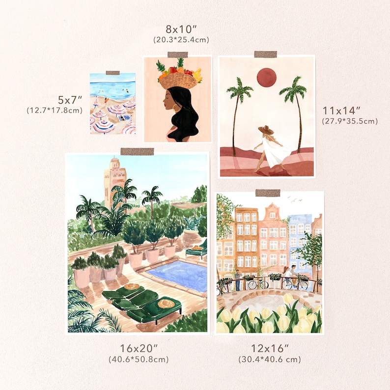 May include: A set of 8 watercolor illustrations featuring various scenes, including a woman with a basket of fruit on her head, a beach scene with umbrellas, a pool with palm trees, a city street with buildings, and a woman walking on a beach. The illustrations are printed on white paper and are available in various sizes, ranging from 5x7 inches to 16x20 inches.