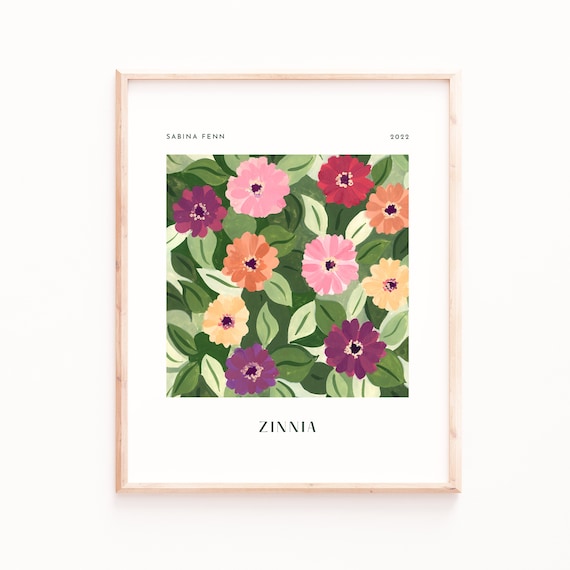 Zinnia Floral Art Print, Vintage Summer Flowers