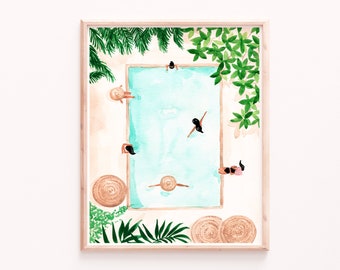 Impression de jour de piscine, art mural tropical, femmes nageant, journée de piscine, décor d’été, imprimés Boho Chic, illustration botanique, arrière-cour, Sabina Fenn