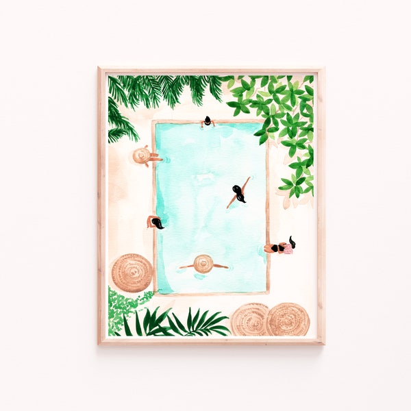 Pool Day Print, Tropische Muurkunst, Vrouwen Zwemmen, Pool Day, Zomerdecor, Boho Chic Prints, Botanische Illustratie, Achtertuin, Sabina Fenn