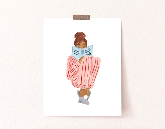Self Care Art Print: Woman Reading in Pink Pajamas - Matte Finish