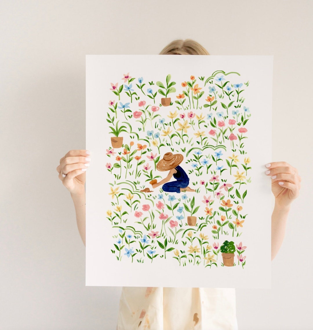 Woman Gardening Watercolor Print - Bright Floral Wall Art - Etsy