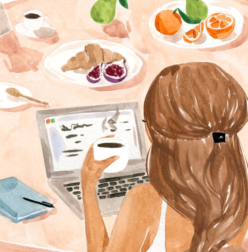 May include: A woman sits at a table with a laptop, a cup of coffee, and a notebook. She has long brown hair and is wearing a white tank top. The table is covered in a light pink tablecloth and there are various items on the table, including a plate of fruit, a plate of pastries, and a cup of coffee.