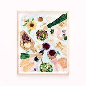 Dinner With Friends Art Print, Thanksgiving Dinner Illustration, Kitchen Wall Art, Food Painting, Vegetarian Foods