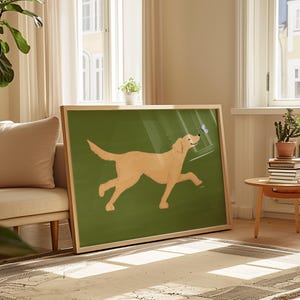 Impressão artística de Golden Retriever: ilustração excêntrica de cachorro e borboleta