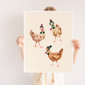 Farmhouse Style Wall Art, Funny Chickens Print, Chickens Wearing Hats, Winter Chickens Print, Painting of Chickens, Mantel Decor Farmhouse image 6