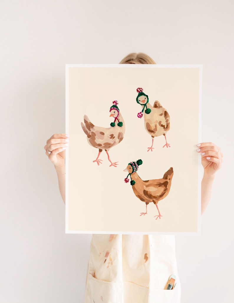 Farmhouse Style Wall Art, Funny Chickens Print, Chickens Wearing Hats, Winter Chickens Print, Painting of Chickens, Mantel Decor Farmhouse image 6