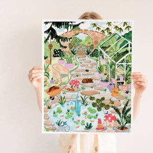 Secret Garden Art Print - Botanical Greenhouse with Frogs and Mushrooms image 2