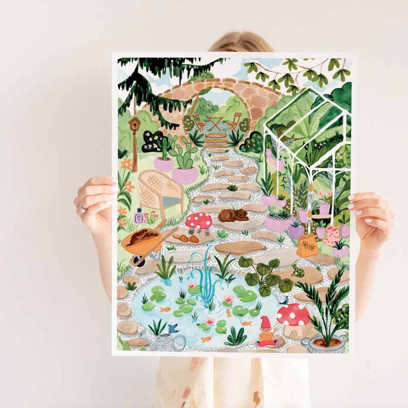 Secret Garden Art Print - Botanical Greenhouse with Frogs and Mushrooms image 2