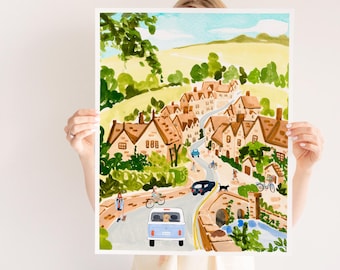 コッツウォルズの水彩画、風光明媚な村の風景（複数のサイズあり