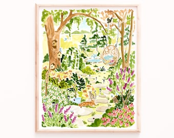 May include: A watercolor painting of a whimsical garden scene with a winding path, lush greenery, and a swing hanging from a tree. The painting features a variety of flowers, birds, and small animals, creating a charming and idyllic atmosphere.