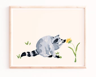 Impression de pissenlit de raton laveur, art mural animal mignon, impressions de pépinière, affiche pastel douce