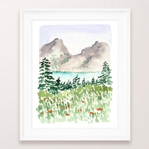 West Coast Mountains Art Print - Sabina Fenn Illustration - Watercolor Sketchbook Style Pines and lakeside Banff inspired painting greenery