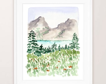 Pode incluir: Pintura em aquarela de uma paisagem montanhosa com um lago em primeiro plano. As montanhas são pintadas em tons de cinza e o lago é azul claro. O primeiro plano é um campo de grama verde com flores laranja.
