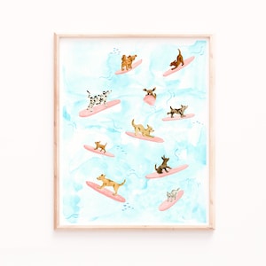 Dogs Surfing Print, Surf Wall Art, Dog Lover Gifts, Bedroom Prints, Bathroom Decor, Dogs Illustration, Watercolor Prints Ocean Dogs