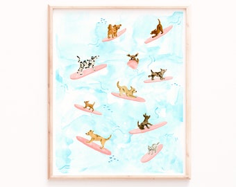 Dogs Surfing Watercolor Print: Beach Wall Art