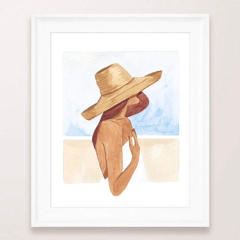 Emmeline Art Print Sabina Fenn Illustration Fashion Portrait Watercolor and Gouache Painting Wall Decor Minimal Sun Hat Summer Artwork image 3