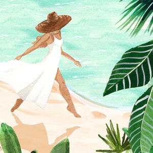 May include: A woman in a white dress and a wide-brimmed brown hat walks on a sandy beach with turquoise water in the background. Lush green tropical plants are in the foreground.