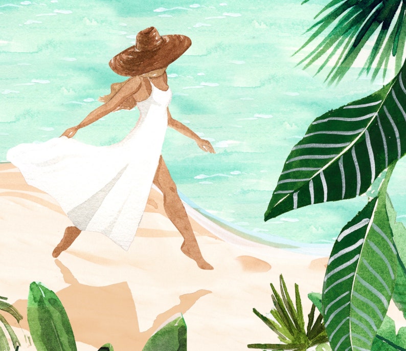 May include: A woman in a white dress and a wide-brimmed brown hat walks on a sandy beach with turquoise water in the background. Lush green tropical plants are in the foreground.
