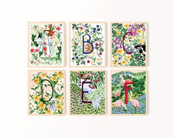 Custom Alphabet Letter Art Print: Nursery Wall Decor, Personalized Kids Room Animals & Flowers