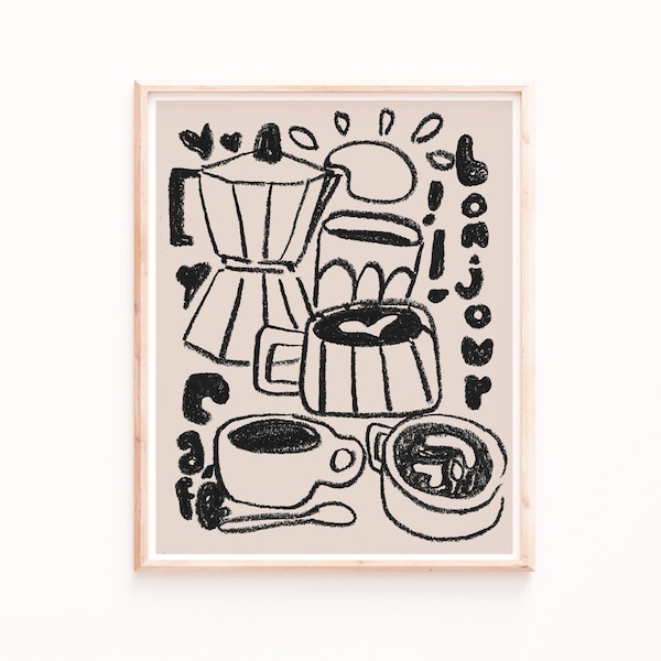 PRINTABLE Bonjour Coffee Print, Neutral Wall Art, Coffee Prints, Poster Drawing, Oil Pastel Kitchen Art, Coffee Bar Art, Sabina Fenn