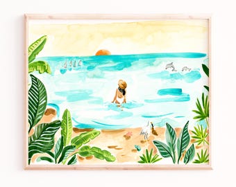 Coastal Beach Print: Sunset and Dolphins (Tropical Wall Decor)
