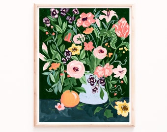 Floral Arrangement Print, Floral Art Print, Garden Prints, Flower Art, Watercolor Print, Still Life, Dark Wall Art, Mother's Day Gifts