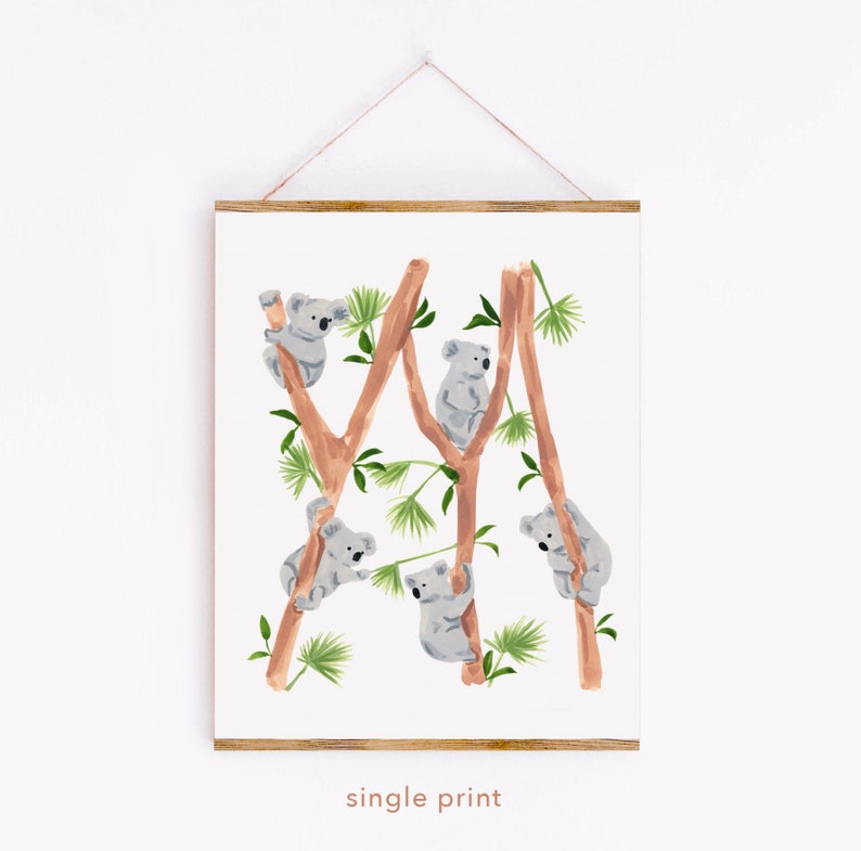 May include: A watercolor illustration of five koalas climbing on tree branches. The koalas are gray and the branches are brown. The background is white.