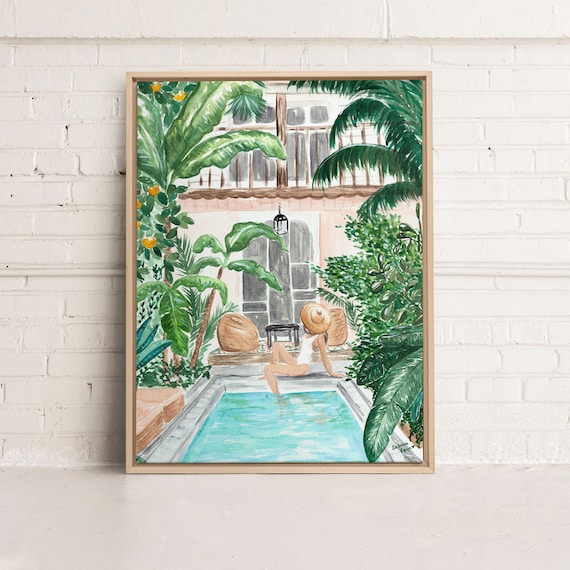 Moroccan Dream Art Print: Tropical Pool Watercolor (Gallery Quality)