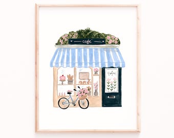Cafe Wall Art Print: Paris Bicycle and Floral Scene - Watercolor