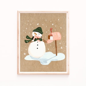 Snowman Holiday Art Print - Warm Neutral Brown Background