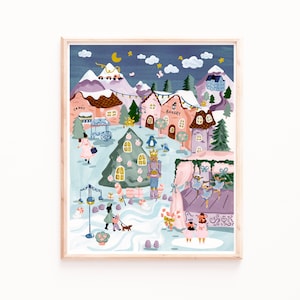 Christmas Village Art Print - Sabina Fenn Illustration - Holiday Christmas Watercolor Gouache Painting - Wall Decor - Seasonal Art