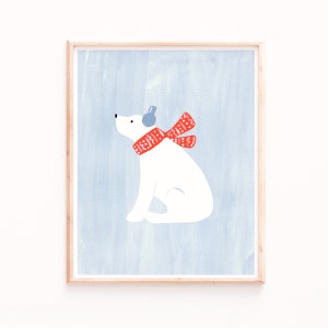 Polar Bear Art Print, Mantle Decor, Holiday Wall Art, Christmas Painting, Festive Cute Animals image 1