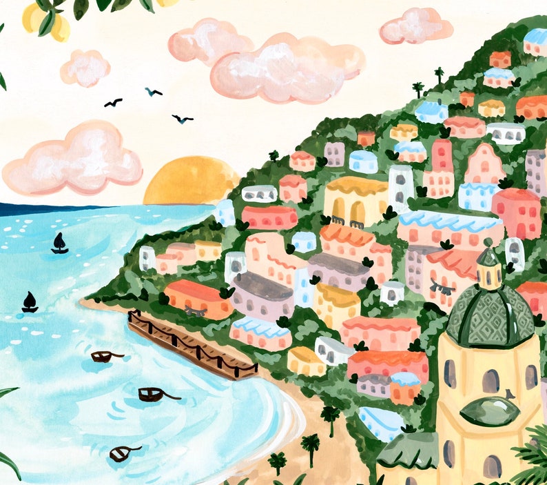 Positano Art Print: Amalfi Coast Scene - Hand Painted Gouache image 2